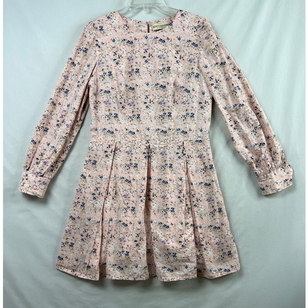 Hearts and Found Floral Dress Womens M/L Pink Pleated Fit & Flare Cottage Core